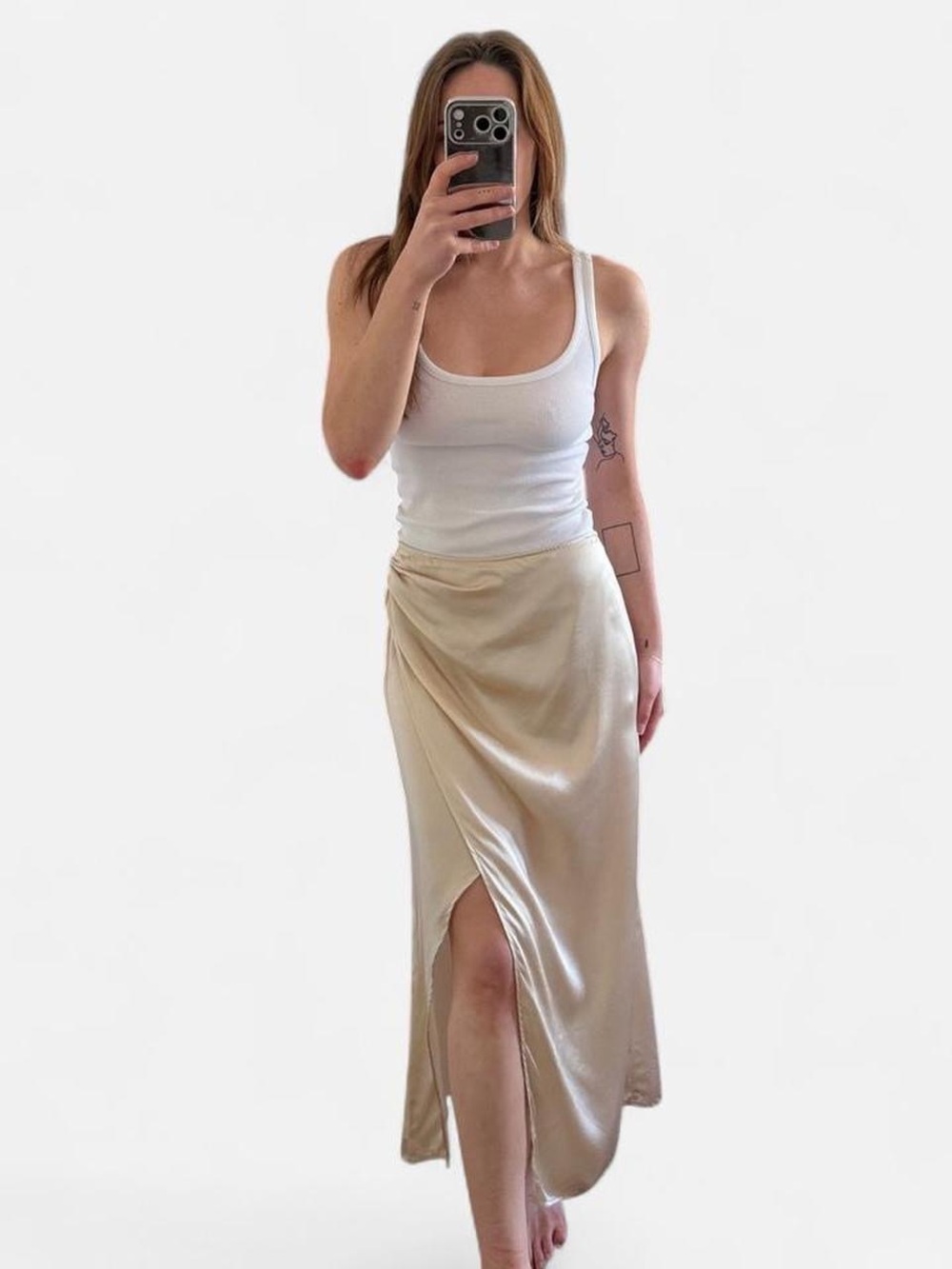 Reformation Sabine Ivory Silk Satin Midi Skirt